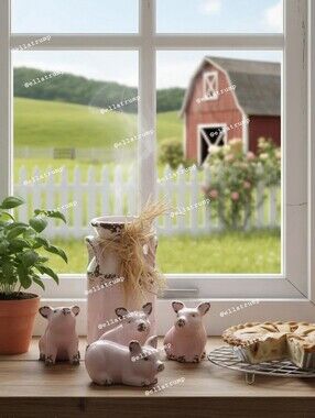 Pink Farmhouse Decor Featuring Destressed 6.5" Milk Jug & 4 Pigs